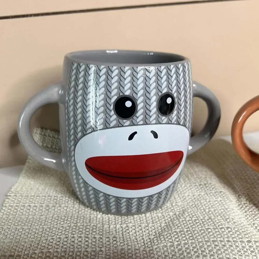 Galerie‎ Sock Monkey Novelty Coffee Mugs Set 2 Brown Gray Ceramic Double Handle